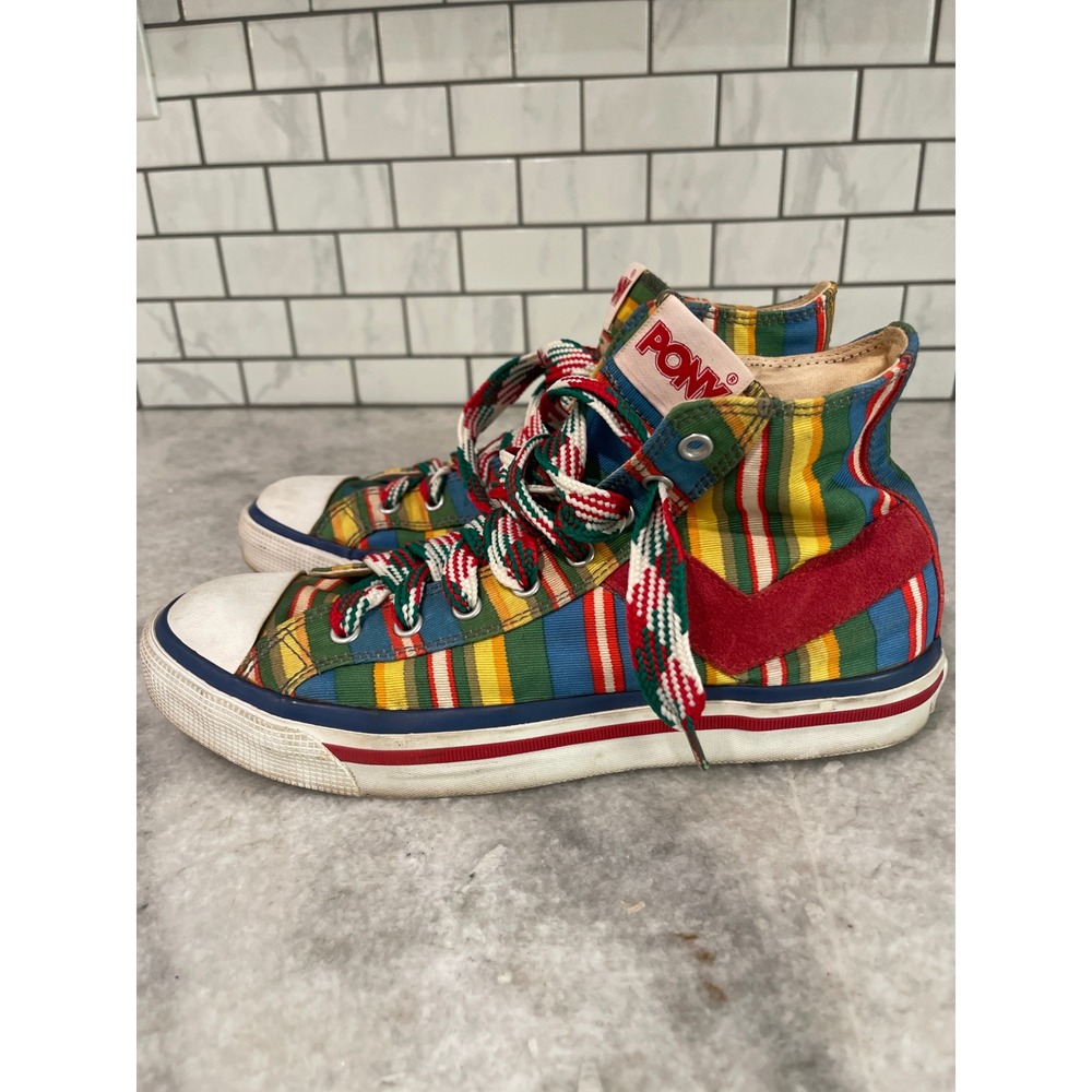 Vintage PONY Sneakers Womens 10 Multi Shooter 78 High Top Striped Retro Shoes